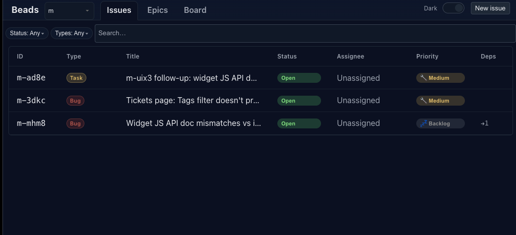 Beads web UI showing a few tasks