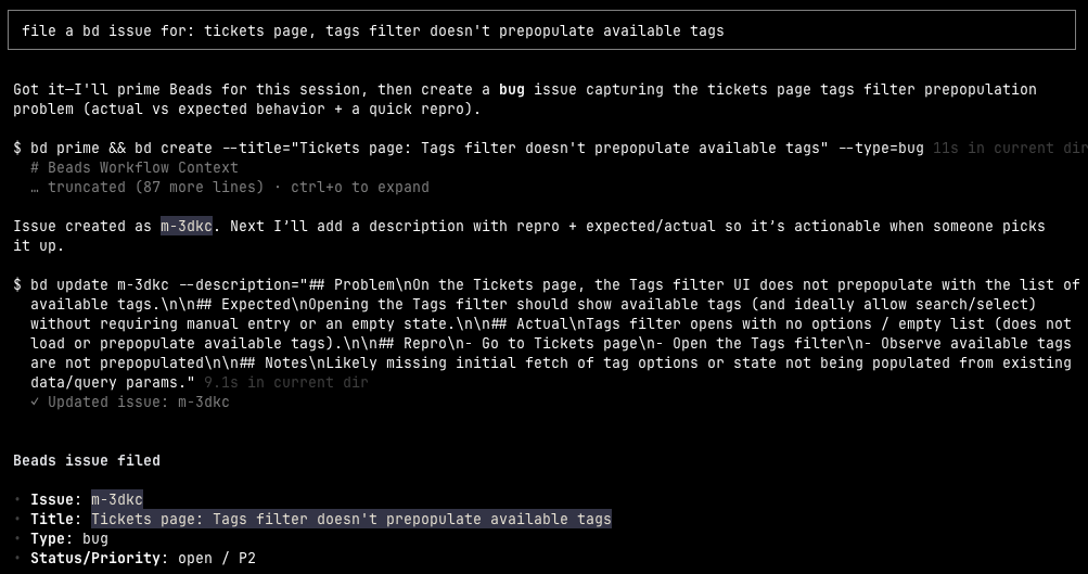 Using an agent to file a new bug using beads